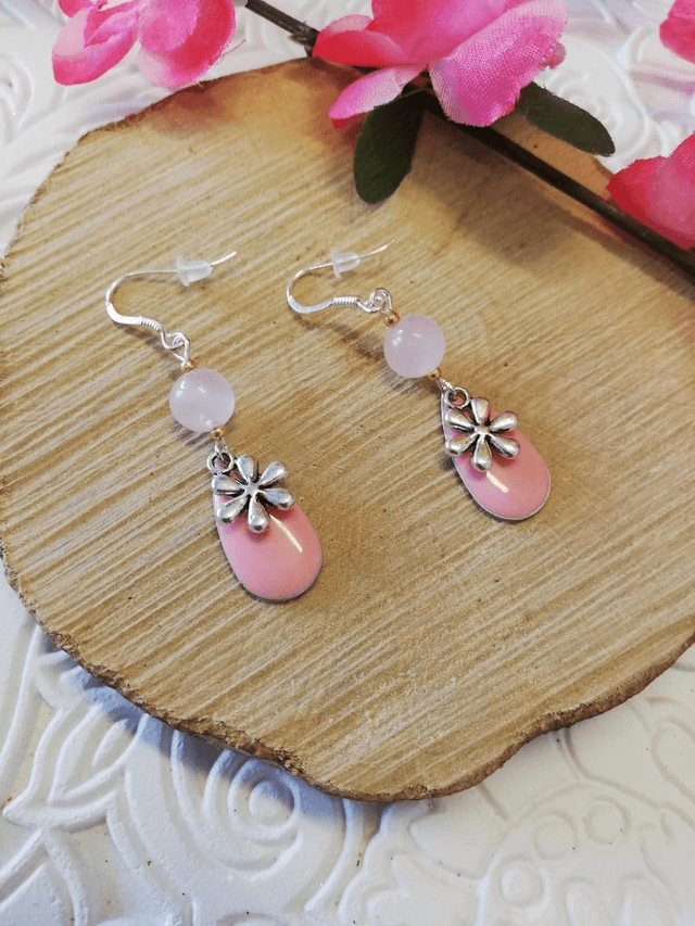 Boucles D'oreilles quartz rose florale 
