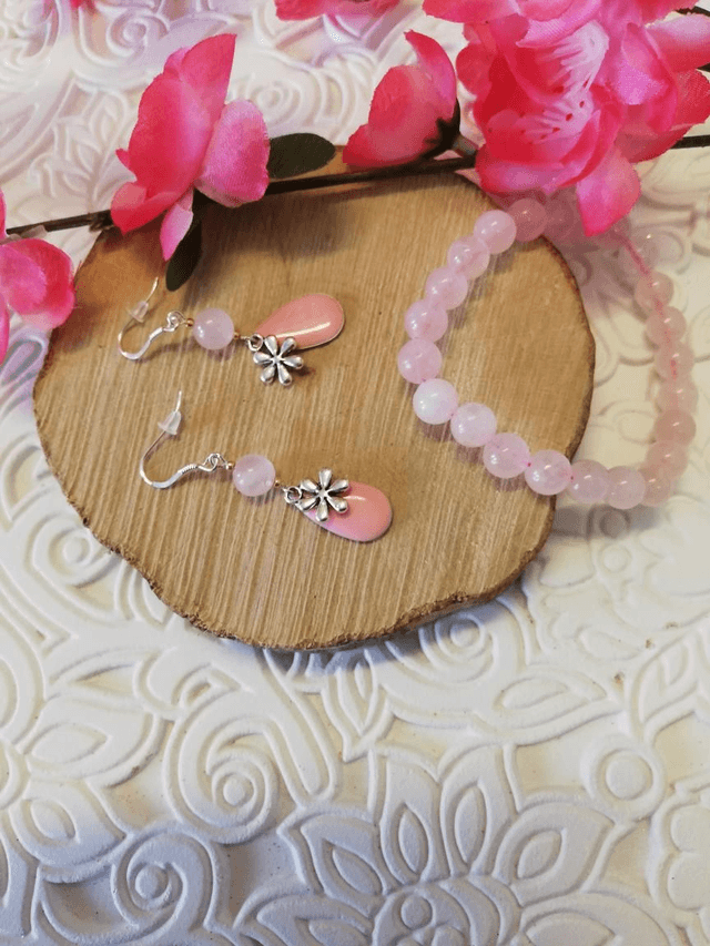 Boucles D'oreilles quartz rose florale 