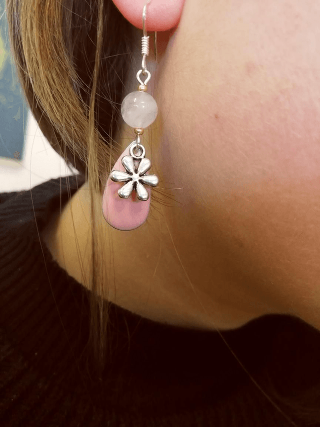 Boucles D'oreilles quartz rose florale 